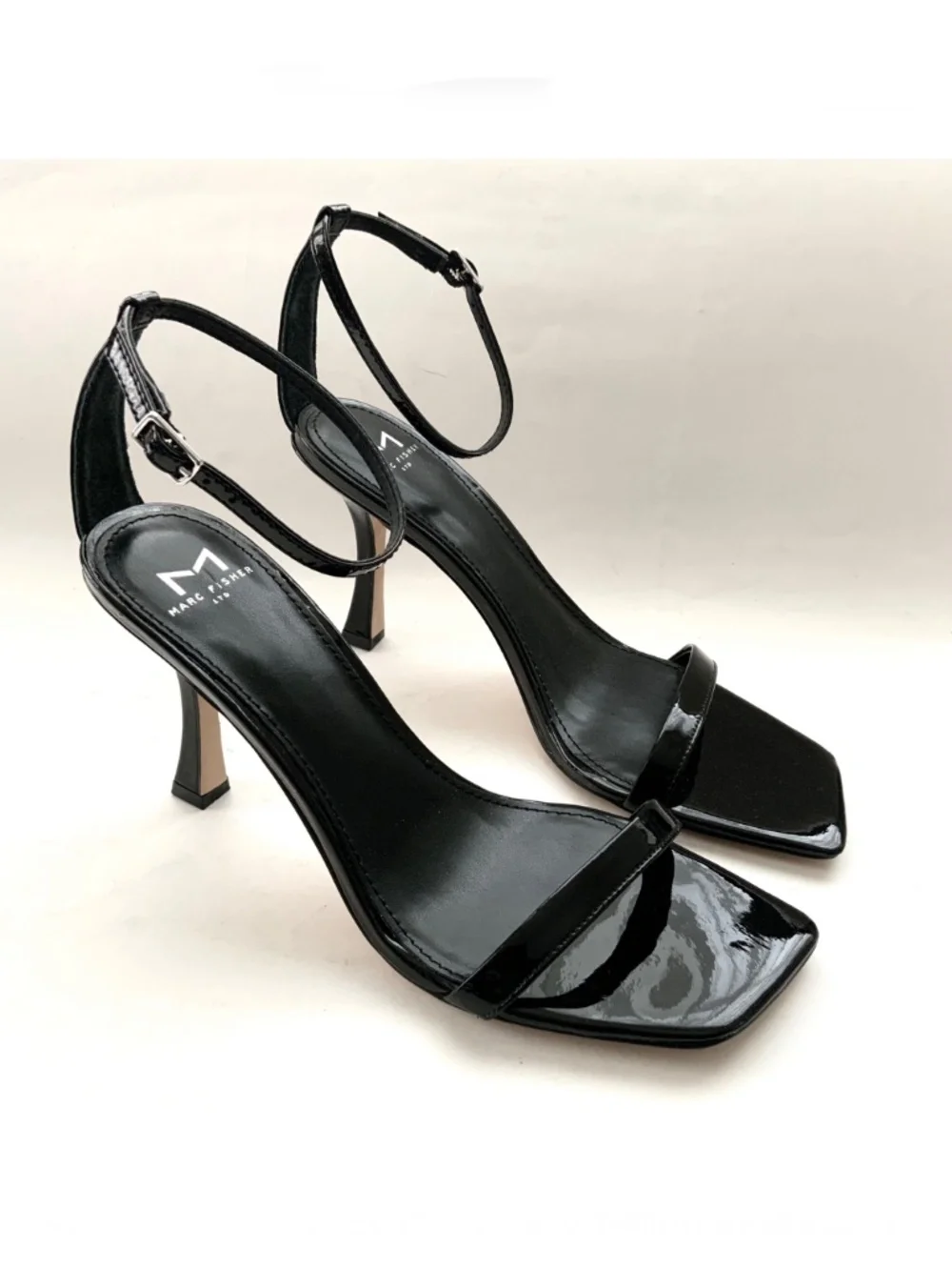 MARC FISHER Jalina Black Patent Leather Square Toe Ankle Strap High Heel Sandals